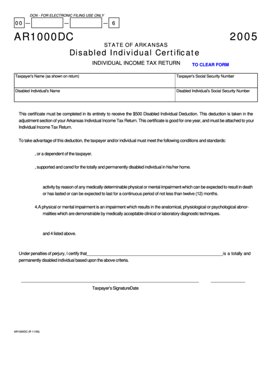 Fillable Form Ar1000dc - Disabled Individual Certificate - 2005 Printable pdf