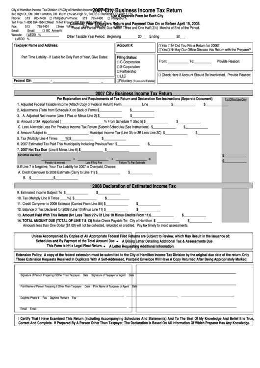 City Business Income Tax Return Form - City Of Hamilton, Ohio 2007 Printable pdf