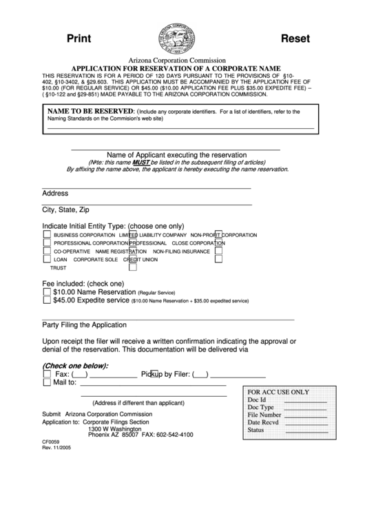 Fillable Form Cf0059 - Application For Reservation Of A Corporate Name Printable pdf