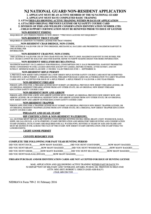 Fillable Form 799-2 - Nj National Guard Non-Resident Application Printable pdf