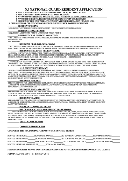 Fillable Form 799-1 - Nj National Guard Resident Application Printable pdf