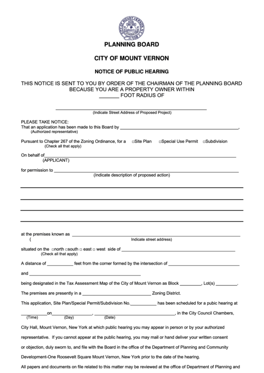 Notice Of Public Hearing Form (Planning Board) Printable pdf