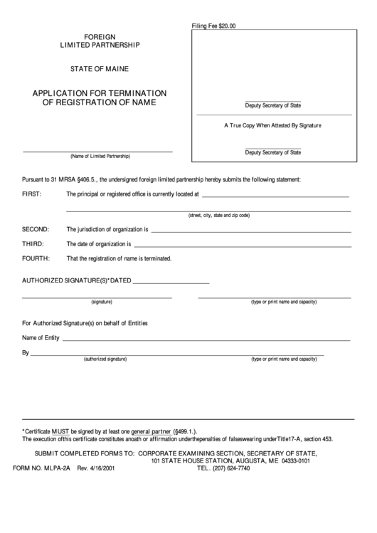 Fillable Form Mlpa-2a - Application For Termination Of Registration Of Name Printable pdf