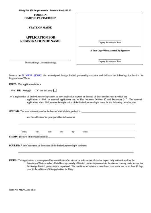 Fillable Form Mlpa-2 - Application For Registration Of Name Printable pdf