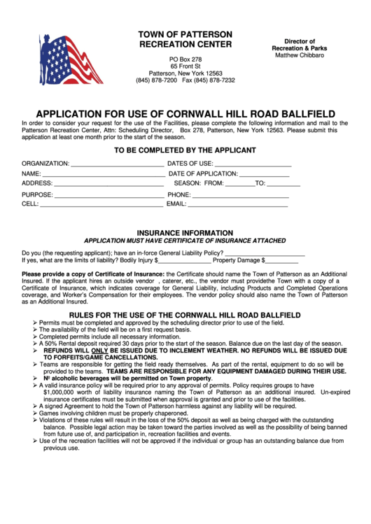 Cornwall Hill Ballfield Rental Rates Application Form Printable pdf