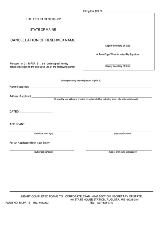 Fillable Form Mlpa-1b - Cancellation Of Reserved Name Printable pdf