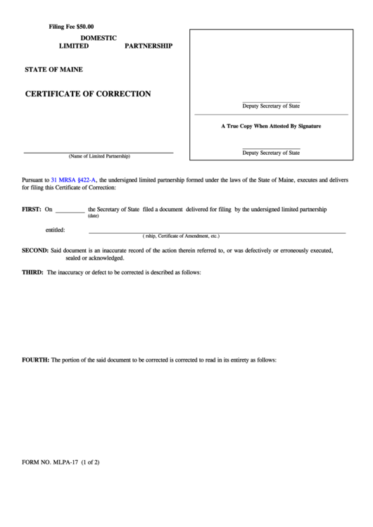 Fillable Form Mlpa-17 - Certificate Of Correction - 2004 Printable pdf