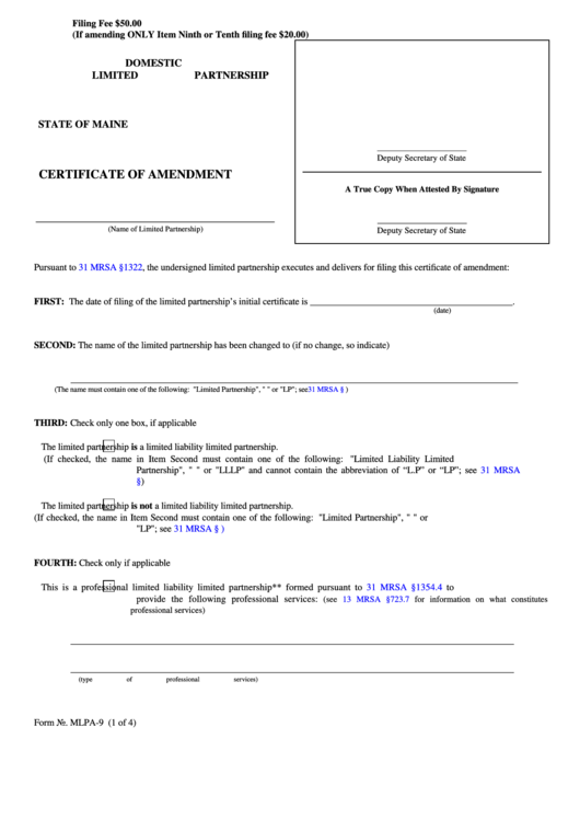 Fillable Form Mlpa-9 - Certificate Of Amendment Printable pdf