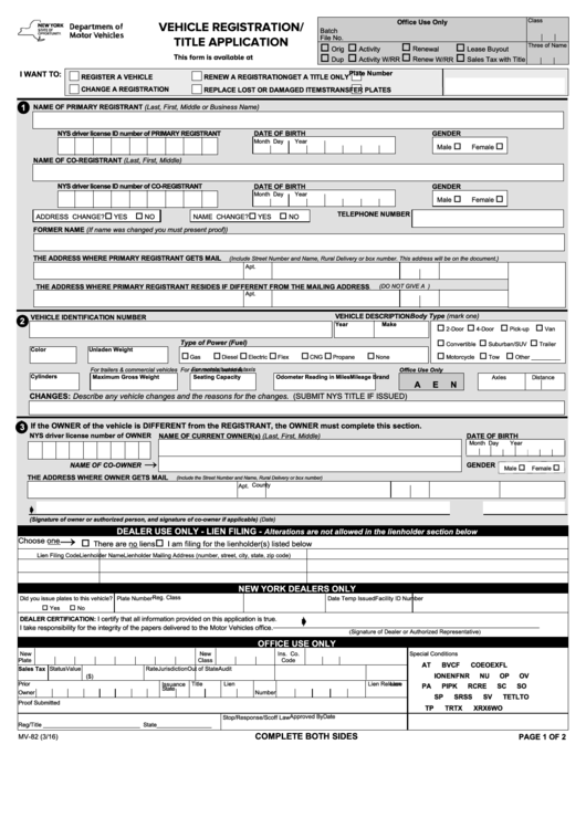 Fillable Form Mv-82 - Vehicle Registration/title Application Printable pdf
