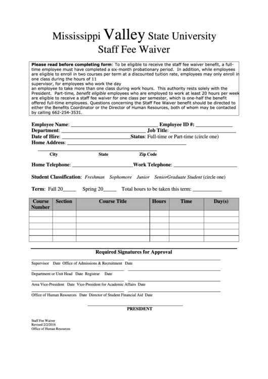 Staff Fee Waiver Form Printable pdf