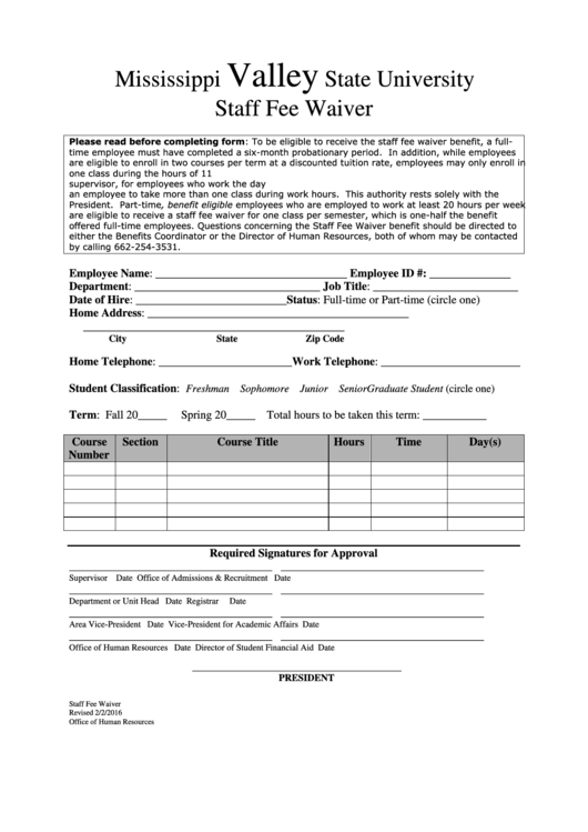Staff Fee Waiver Form Printable Pdf Download