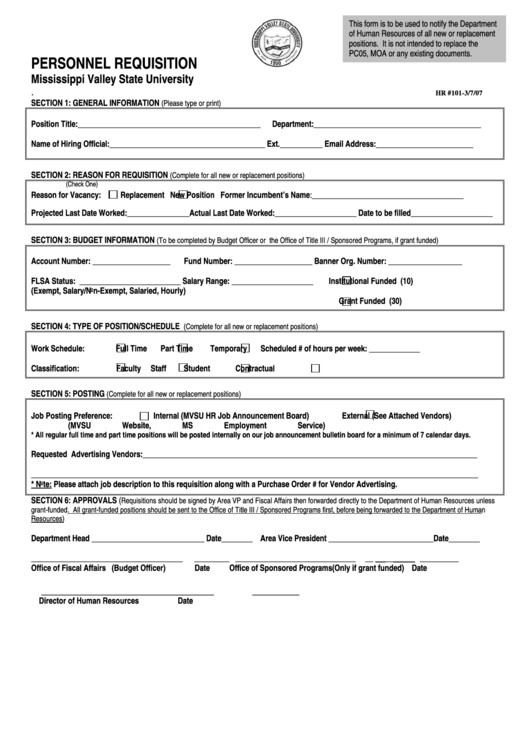 Fillable Form 101 - Personnel Requisition Template Printable pdf