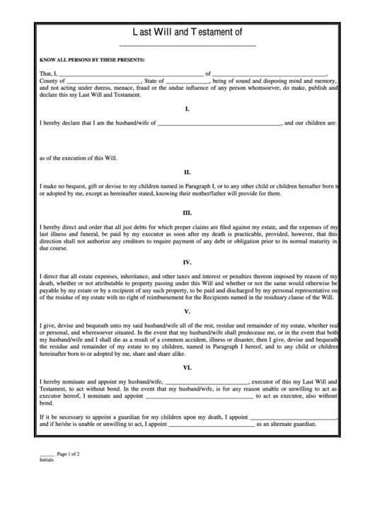 Fillable Last Will And Testament Form Printable pdf