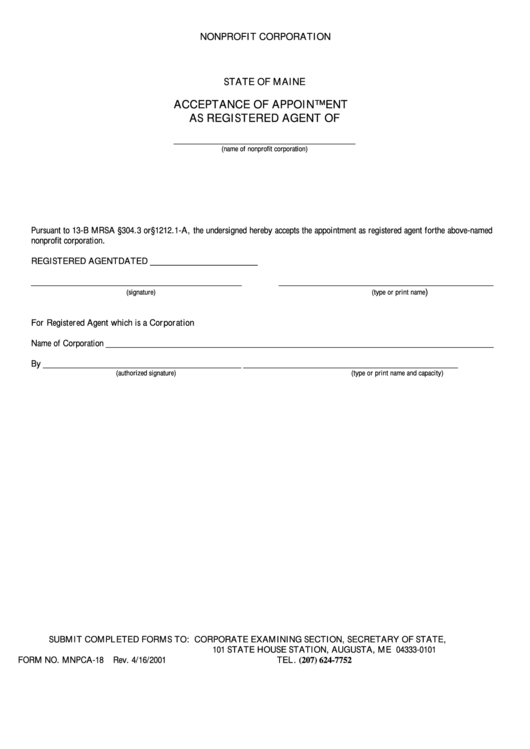 Fillable Form Mnpca-18 - Acceptance Of Appointment As Registered Agent Printable pdf