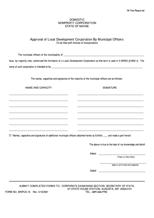 Fillable Form Mnpca-16 - Approval Of Local Development Corporation By Municipal Officers Printable pdf