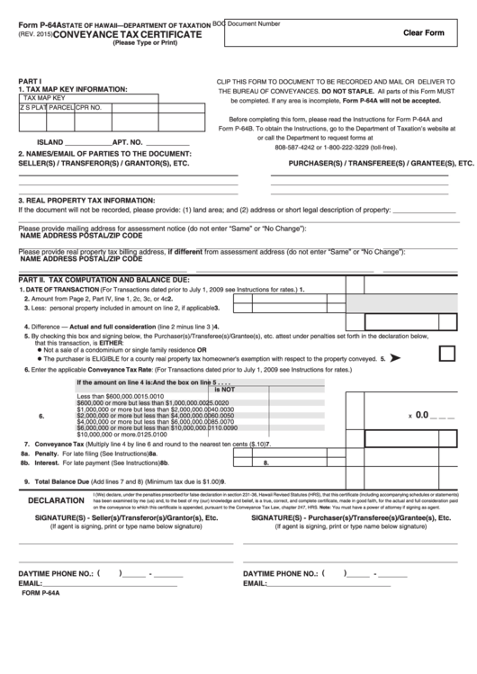 Fillable Form P-64a - Conveyance Tax Certificate Printable pdf