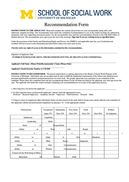 Fillable Recommendation Form Printable pdf