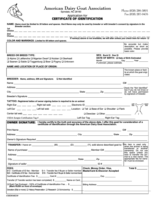Application For Certificate Of Identification Form Printable pdf