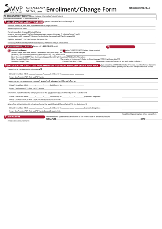 Fillable Enrollment/change Form - Schnectady Office Printable pdf