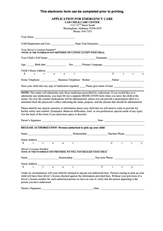 Fillable Application For Emergency Care Form Printable pdf