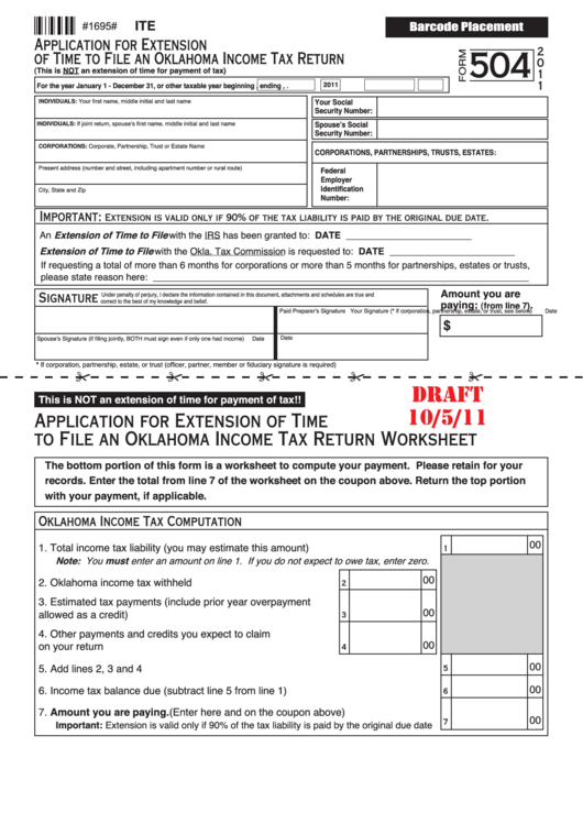 Form 504 Draft - Application For Extension Of Time To File An Oklahoma Income Tax Return - 2011 Printable pdf