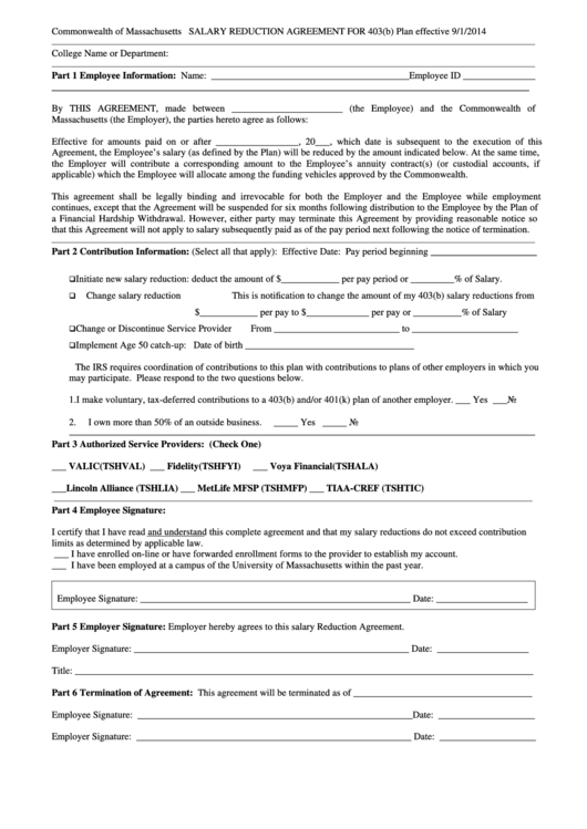 Salary Reduction Agreement Form For 403(B) Plan Printable pdf