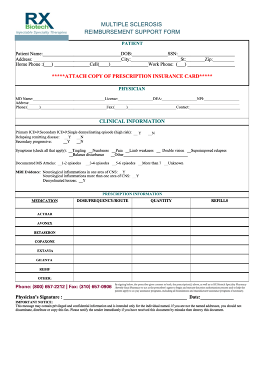 Fillable Multiple Sclerosis Reimbursement Support Form Printable pdf