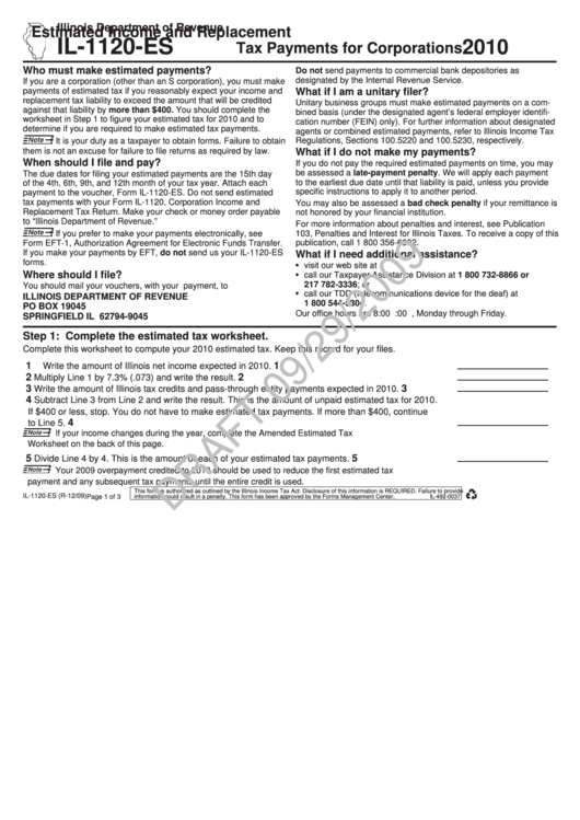 Form Il-1120-Es Draft - Estimated Income And Replacement Tax Payments For Corporations - 2010 Printable pdf
