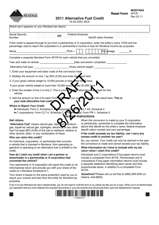 Fillable Montana Form Afcr Draft - Alternative Fuel Credit - 2011 Printable pdf