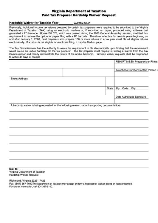 Va Form 8454p - Paid Tax Preparer Hardship Waiver Request - Virginia Department Of Taxation Printable pdf