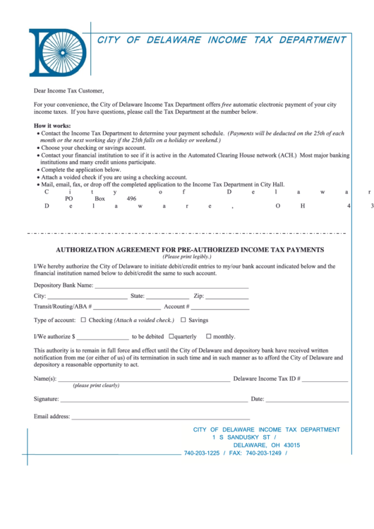 Fillable Authorization Agreement Form For Pre-Authorized Income Tax Payments - City Of Delaware Income Tax Department Printable pdf