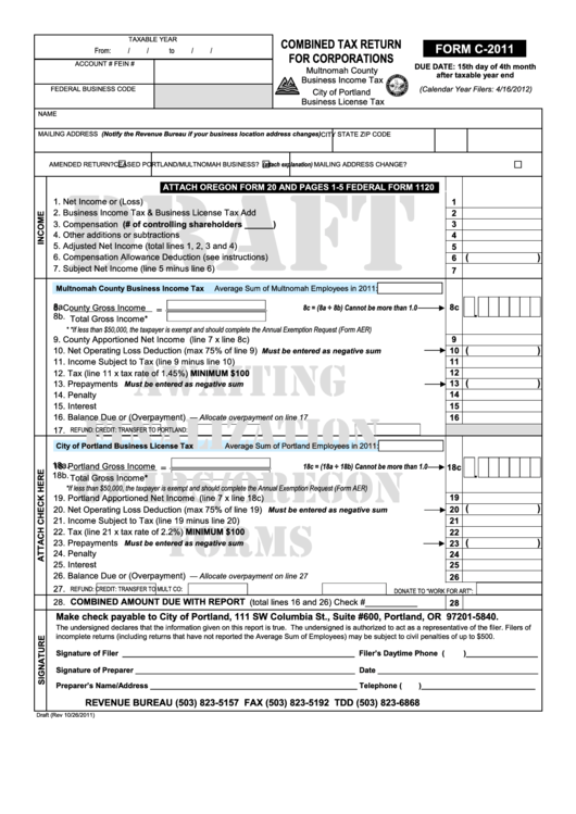 Form C-2011 Draft - Combined Tax Return For Corporations - 2011 Printable pdf