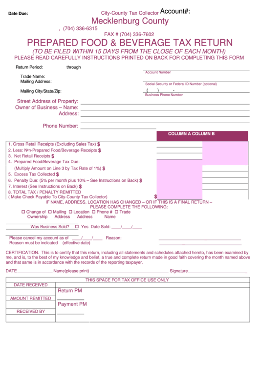 Prepared Food & Beverage Tax Return Form - Mecklenburg County Printable pdf
