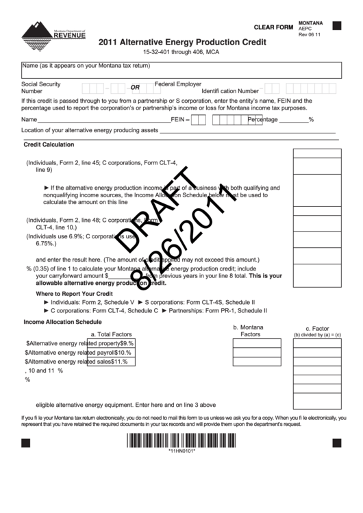 Fillable Montana Form Aepc Draft - 2011 Alternative Energy Production Credit Printable pdf