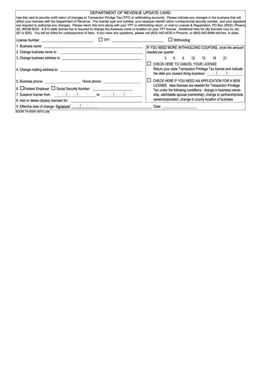 Form Ador 74-4004 - Department Of Revenue Update Card Printable pdf