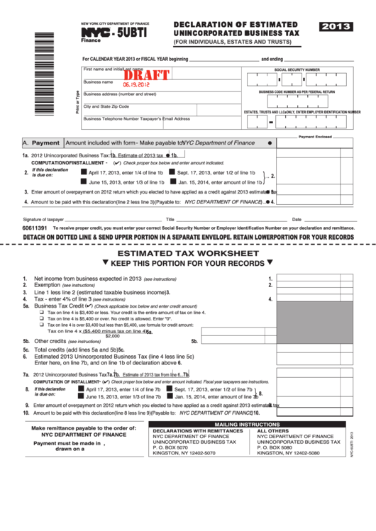 Form Nyc-5ubti (Draft) - Declaration Of Estimated Unincorporated Business Tax (2013) Printable pdf