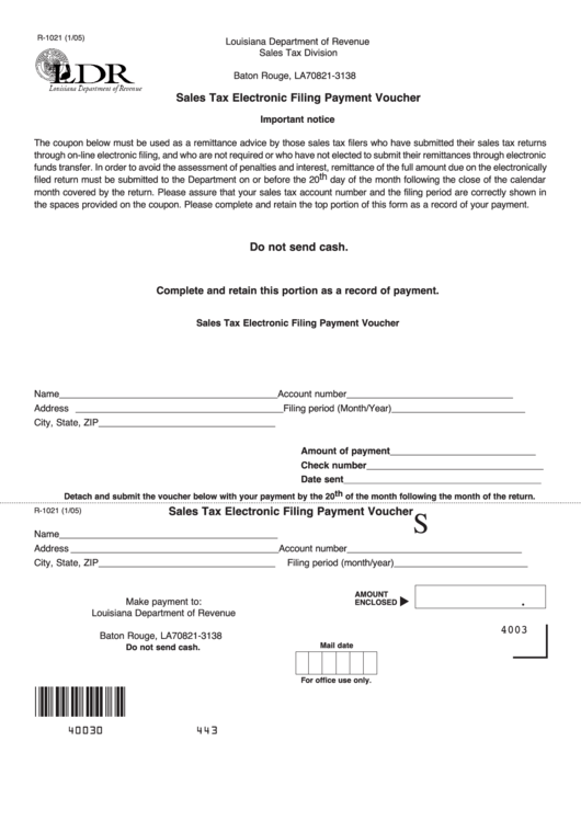 Fillable Form R-1021 - Sales Tax Electronic Filing Payment Voucher - Louisiana Department Of Revenue - 2005 Printable pdf