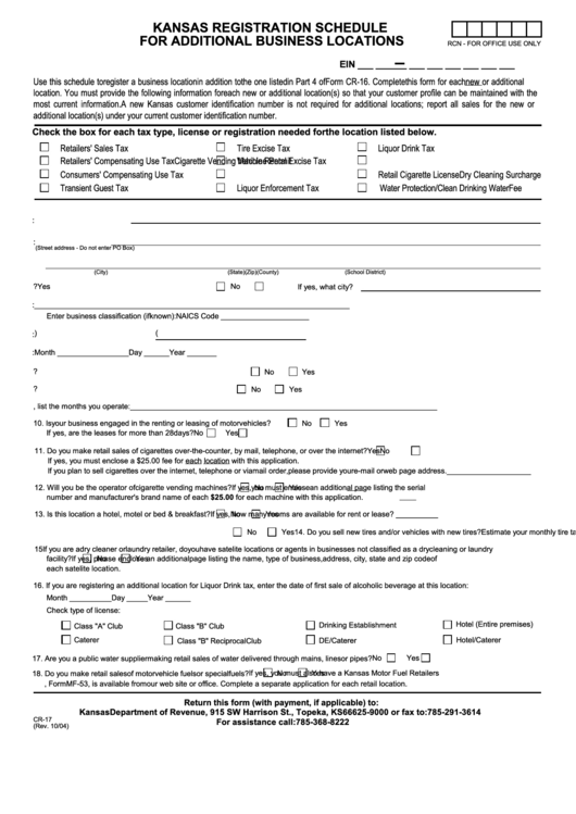 Form Cr-17 - Kansas Registration Schedule For Additional Business Locations Printable pdf