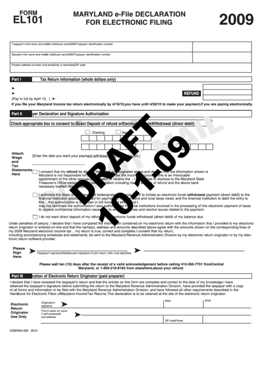 Form El101 Draft - Maryland E-File Declaration For Electronic Filing - 2009 Printable pdf