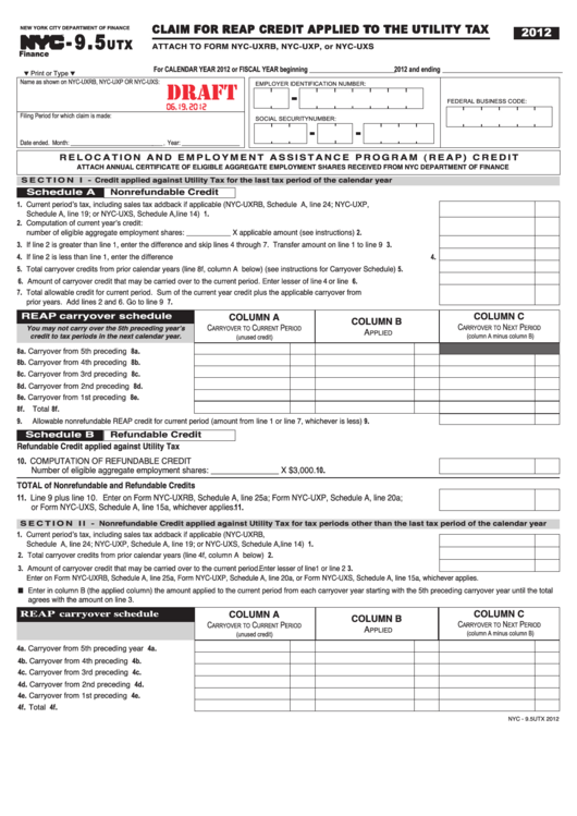 Form Nyc-9.5utx Draft - Claim For Reap Credit Applied To The Utility Tax - 2012 Printable pdf