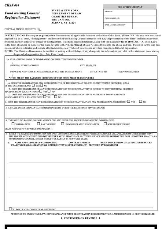 Form Char 014 - Fund Raising Counsel Registration Statement - 2001 Printable pdf