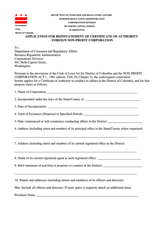 Application For Reinstatement Of Certificate Of Authority Foreign Non-Profit Corporation - Government Of The District Of Columbia Printable pdf