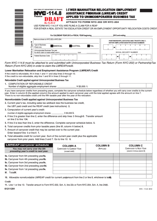 Form Nyc-114.8 Draft - Lmreap Credit Applied To Unincorporated Business Tax - 2012 Printable pdf