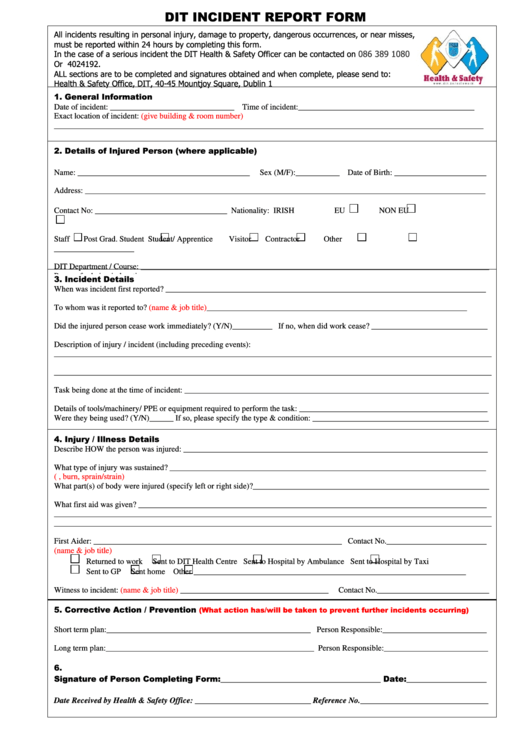 Dit Incident Report Form Printable pdf
