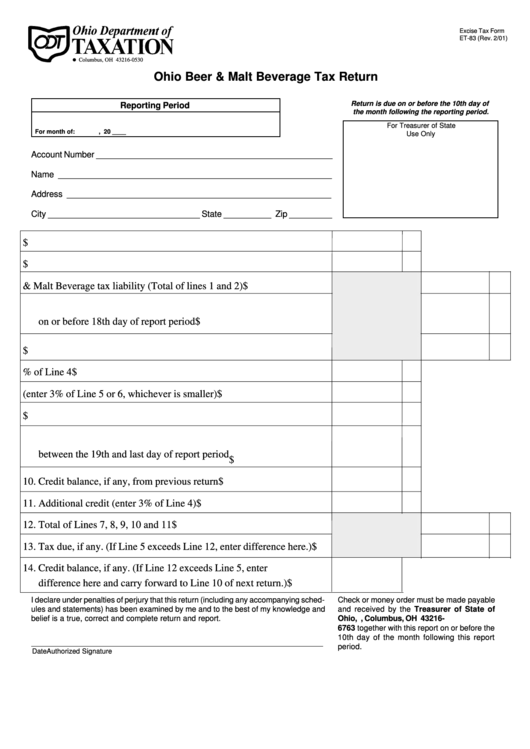 Form Et-83 - Ohio Beer & Malt Beverage Tax Return Printable pdf