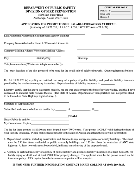 Application For Permit To Sell Salable Fireworks At Retail Form - Alaska Department Of Public Safety Division Of Fire Prevention Printable pdf