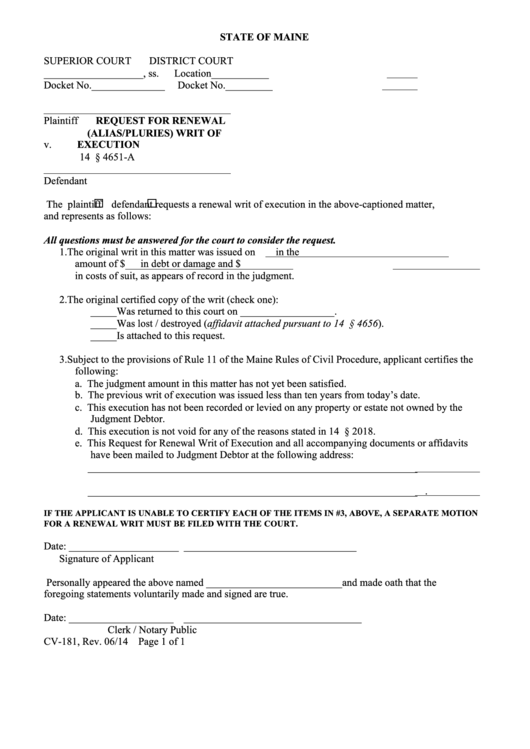 Fillable Form Cv-181-Request For Renewal Writ Of Execution Printable pdf