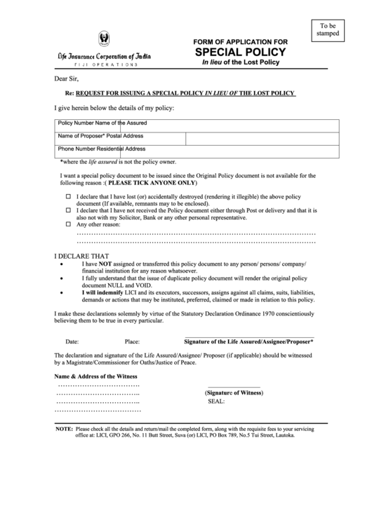 Fillable Form Of Application For Special Policy In Lieu Of The Lost Policy Printable pdf