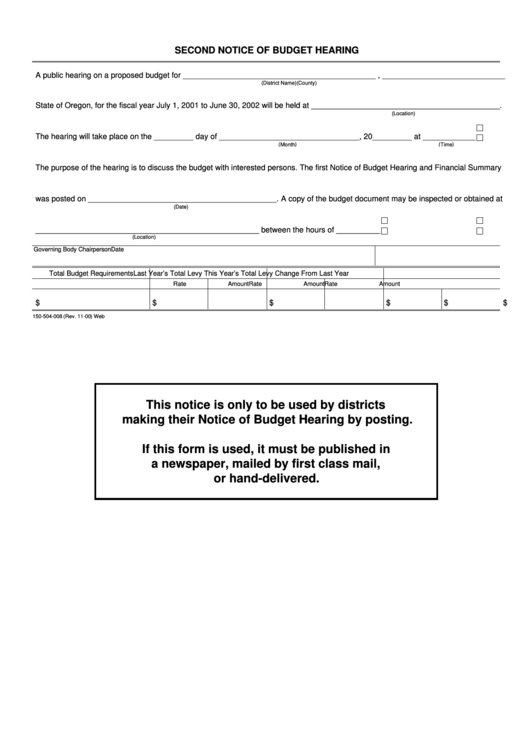 Fillable Second Notice Of Budget Hearing Form 2002 - Oregon Printable pdf