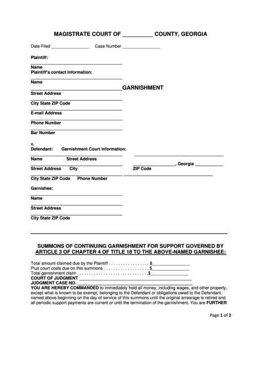 Summons Of Continuing Garnishment For Support Form Printable pdf